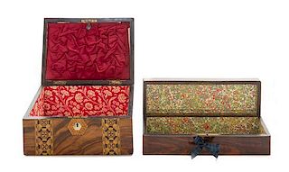 Two English Mother-of-Pearl Inlaid Boxes, Width of first 10 7/8 inches.