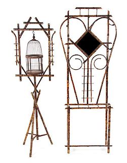 A Victorian Bamboo Hall Tree and Bird Cage on Stand, Height 76 x width 30 1/2 x depth 10 1/2 inches.
