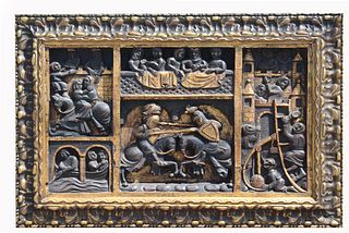 Heavily Carved Antique Battle Scene Relief