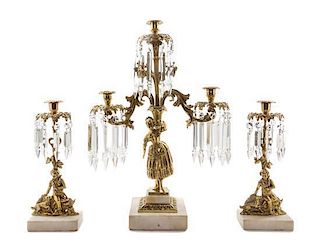 * A Victorian Gilt Metal and Marble Three-Piece Garniture, Height of tallest 21 1/2 inches.