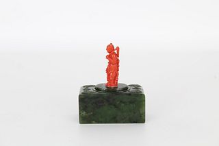 Unusual Carved Coral/Spinach Jade Snuff Box