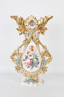 19th C. French Gilt Porcelain Floral Vase