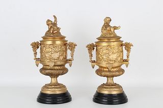French Gilt Bronze Twin Handled Cherubic Urns