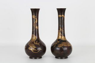 (2) Antique Bronze/Gold Japanese Dragon Vases