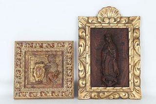(2) Antique Framed Italian Carved Wood Figures