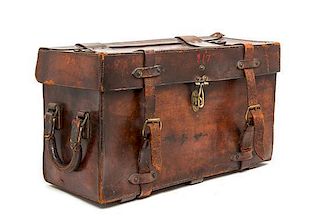 * An English Leather Campaign Trunk, Height 16 1/4 x width 29 x depth 11 inches.