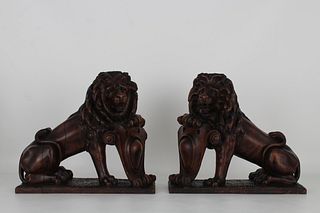 (2) Antique English Carved Oak Lions