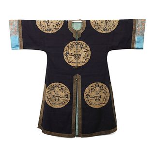 A DARK BLUE-GROUND GOLD-COUCHED EMBROIDERED 'DRAGONS' LADY'S ROBE