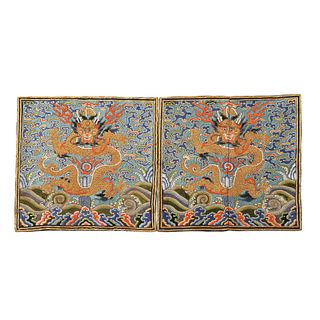 A PAIR OF BLUE-GROUND GOLD-COUCHED EMBROIDERED 'DRAGONS' BADGES