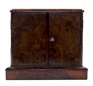 * A Victorian Burlwood Campaign Jewelry Chest, Height 11 1/4 x width 12 1/2 x depth 9 1/2 inches.