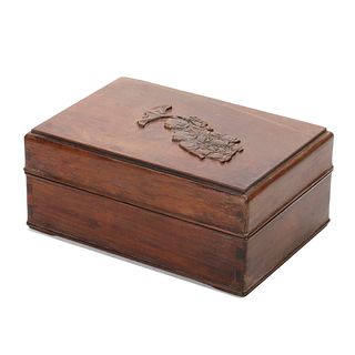 A HARDWOOD CARVED RECTANGULAR 'BOYS' BOX WITH COVER