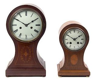 Two Edwardian Style Mahogany Balloon Clocks, Height of first 15 inches.