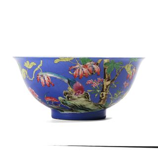 A BLUE-GROUND FAMILLE-ROSE FLORAL BOWL