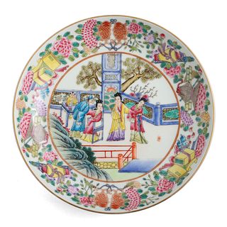 A FAMILLE-ROSE 'PAVILION AND LADIES' DISH