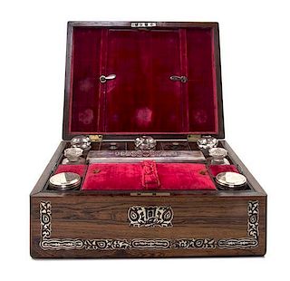An English Mother-of-Pearl Inlaid Rosewood Dressing Set, FIRST QUARTER 20TH CENTURY, Height 4 x width 12 x depth 9 inches.