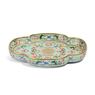 TURQUOISE-GREEN GLAZED FLORAL LOBED DISH