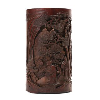 A CARVED BAMBOO 'FIGURES' BRUSHPOT
