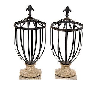 A Pair of Iron and Marble Garden Urns, 20TH CENTURY,  Height overall 38 inches.