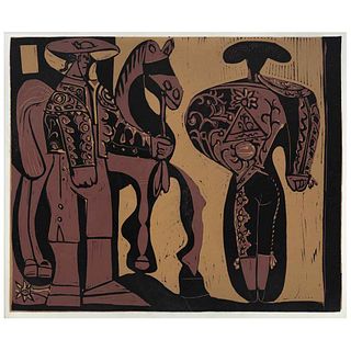 PABLO PICASSO , Picador y matador, sin firma, linoleograbado de una edicion de 520, 27 x 32 cm | PABLO PICASSO , Picador y matador, Unsigned, Linocut 