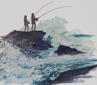 Brian Clinton (B. 1942) "Surf and Rock Fishing" WC