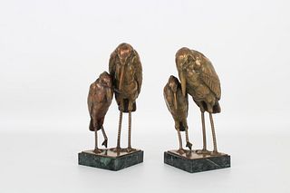 (2) Mixed Metal Bird Sculptures on Marble Base