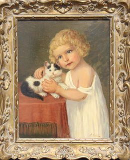Signed, Painting of Young Girl with Kitten