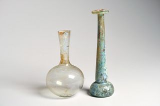 Ancient Roman Glass Candlestick Unguentarium & Clear Glass Flask (2) c.2nd-4th cent AD