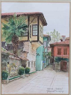 Signed Russian Watercolor of Courtyard