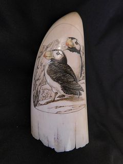 WHALE TOOTH WITH PUFFINS