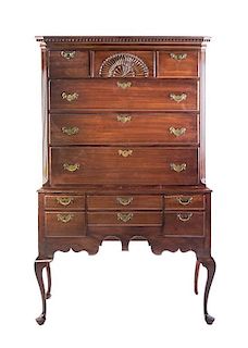 An American Queen Anne Mahogany Highboy, 18TH CENTURY, JOHN ACKLEY, NEW YORK, Height 72 x width 45 x depth 22 1/2 inches.