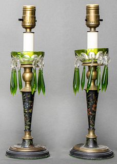 English Painted Green Glass Luster Lamps, Pr