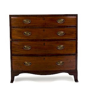An American Hepplewhite Style Mahogany Chest of Drawers, Height 36 1/8 x width 35 1/8 x depth 17 1/4 inches.