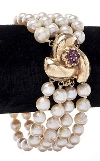 14K Gold Ruby Floriform Clasp Pearl Bracelet