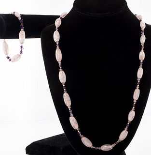 10K YG, Rose Quartz & Amethyst Necklace & Bracelet