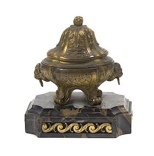 A Neoclassical Gilt Bronze and Marble Inkwell, Width 4 1/2 inches.