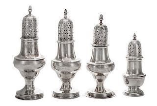 * Three George III Silver Casters, Hester Bateman, London, 1781-1788, all of baluster form with lift-off covers pierced and engr