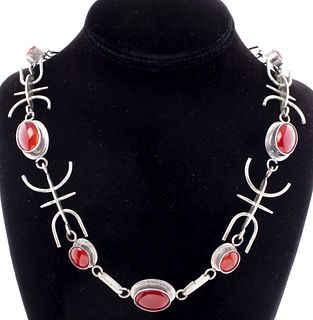 Mid-Century Modern Silver Carnelian Link Necklace