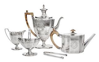 * An Assembled George III Silver Tea and Coffee Service, John Robbins and John Denzilow, London, Late 18th Century, each of pane