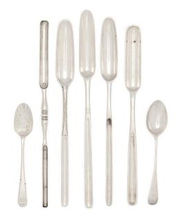 Nine English Silver Marrow Scoops, Various Makers, 18th/19th Century, together with ten English silver coffee spoons in two patt