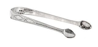 A George III Silver Sugar Tongs, Likely Richard Crossley, London, 1796, decorated with geometric patterns and monogrammed E.I.M.
