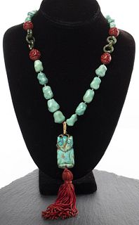 Carved Owl Turquoise, Jade & Cinnabar Necklace