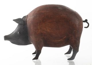 Folk Art Wood And Metal Sculpture Of Pig