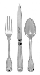 An Assembled English Silver Flatware Service, Various Makers, Primarily 19th Century, Fiddle, Thread and Shell pattern, engraved
