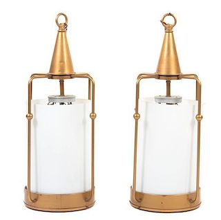 A Pair of Brass and Milk Glass Lanterns, Height 34 inches.