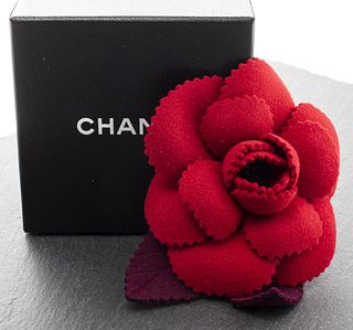Chanel Red & Navy Felt Camellia Flower Brooch