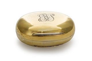 An Edwardian Silver-Gilt Box, Norman Marshall, London, 1906, of oval form with hinged lid.