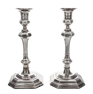 A Pair of Queen Anne Style Silver Candlesticks, Crichton Bros., London, 1919, each of square baluster form with weighted base.