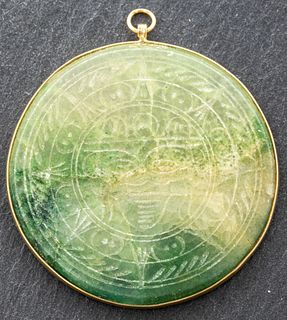 Carved Tribal Round Agate Pendant with 14K Gold