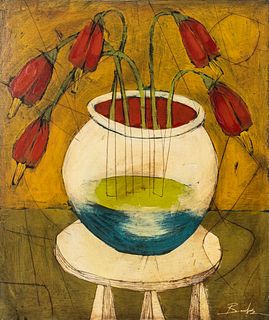 Michael Banks Folk Art "Red Flowers" Acrylic