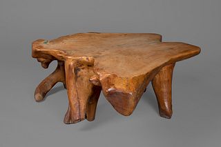New Mexico, Burled Natural Wood Table with Turquoise Inlay